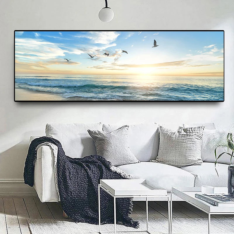 Modern Natural Sea Beach Flying Birds Landscape Posters Canvas Painting Wall Art Picture for Living Room Home Decor (No Frame)