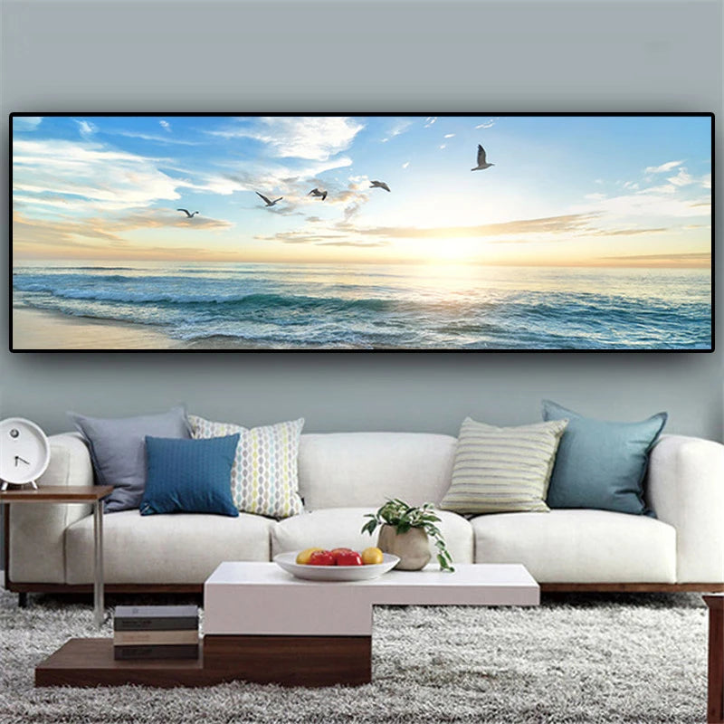 Modern Natural Sea Beach Flying Birds Landscape Posters Canvas Painting Wall Art Picture for Living Room Home Decor (No Frame)