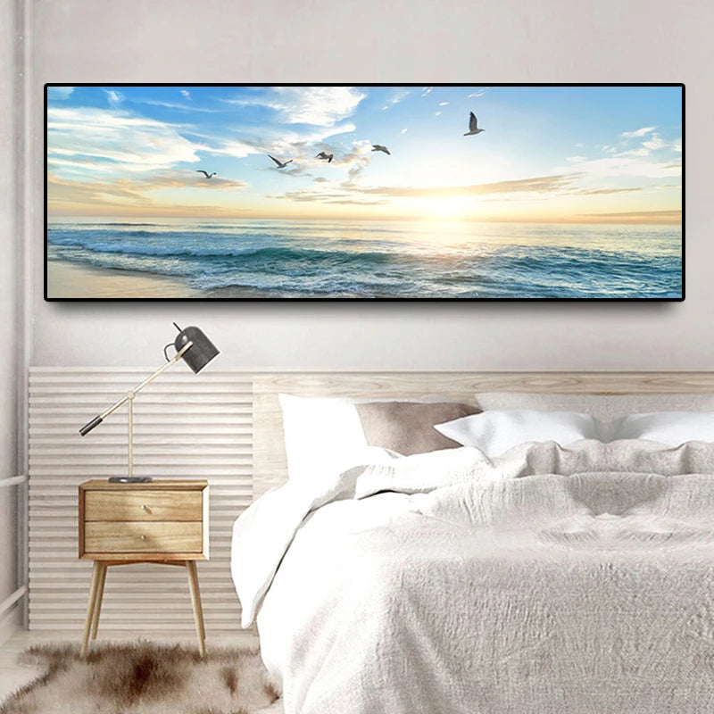 Modern Natural Sea Beach Flying Birds Landscape Posters Canvas Painting Wall Art Picture for Living Room Home Decor (No Frame)