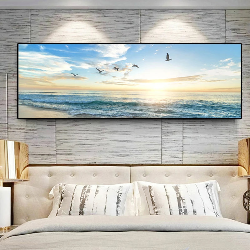 Modern Natural Sea Beach Flying Birds Landscape Posters Canvas Painting Wall Art Picture for Living Room Home Decor (No Frame)