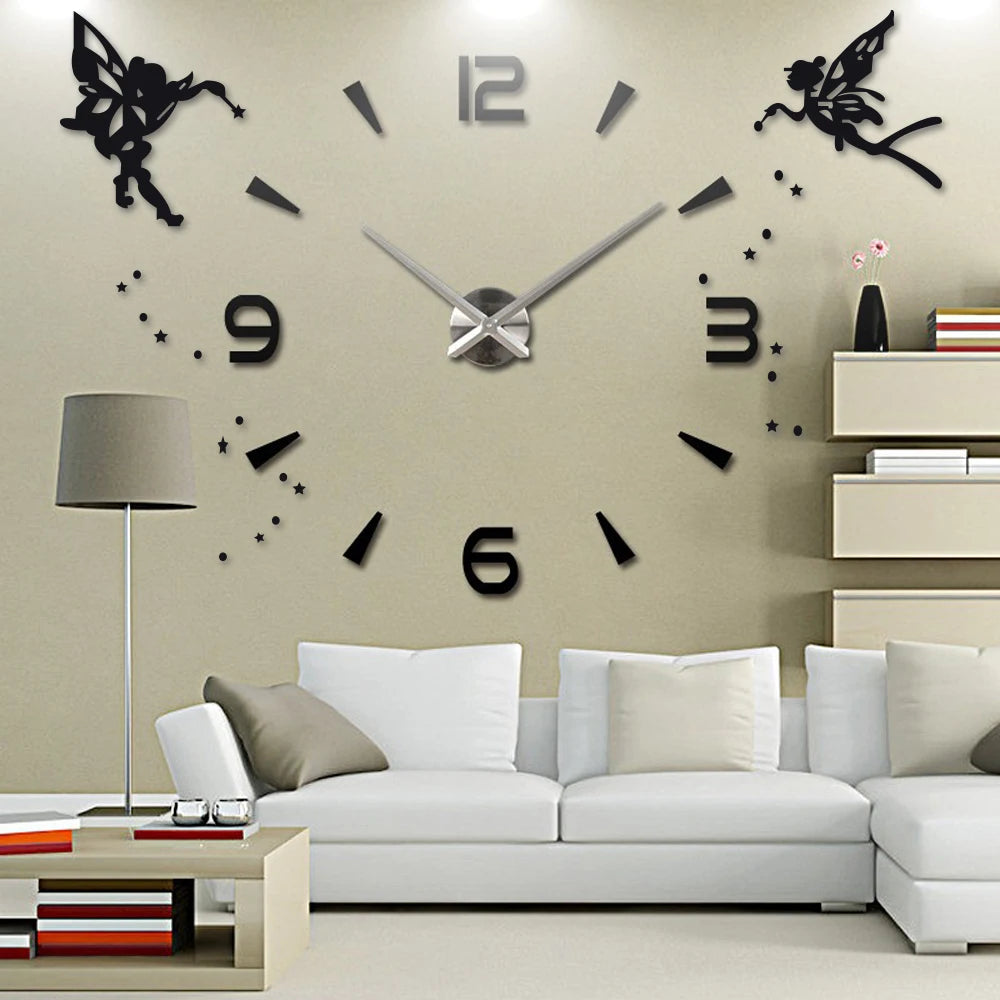 Acrylic DIY Large Clock Modern Design Silent Quartz Self adhesive Angel Sticker 3D Digital Wall Clock for Living Room Decor