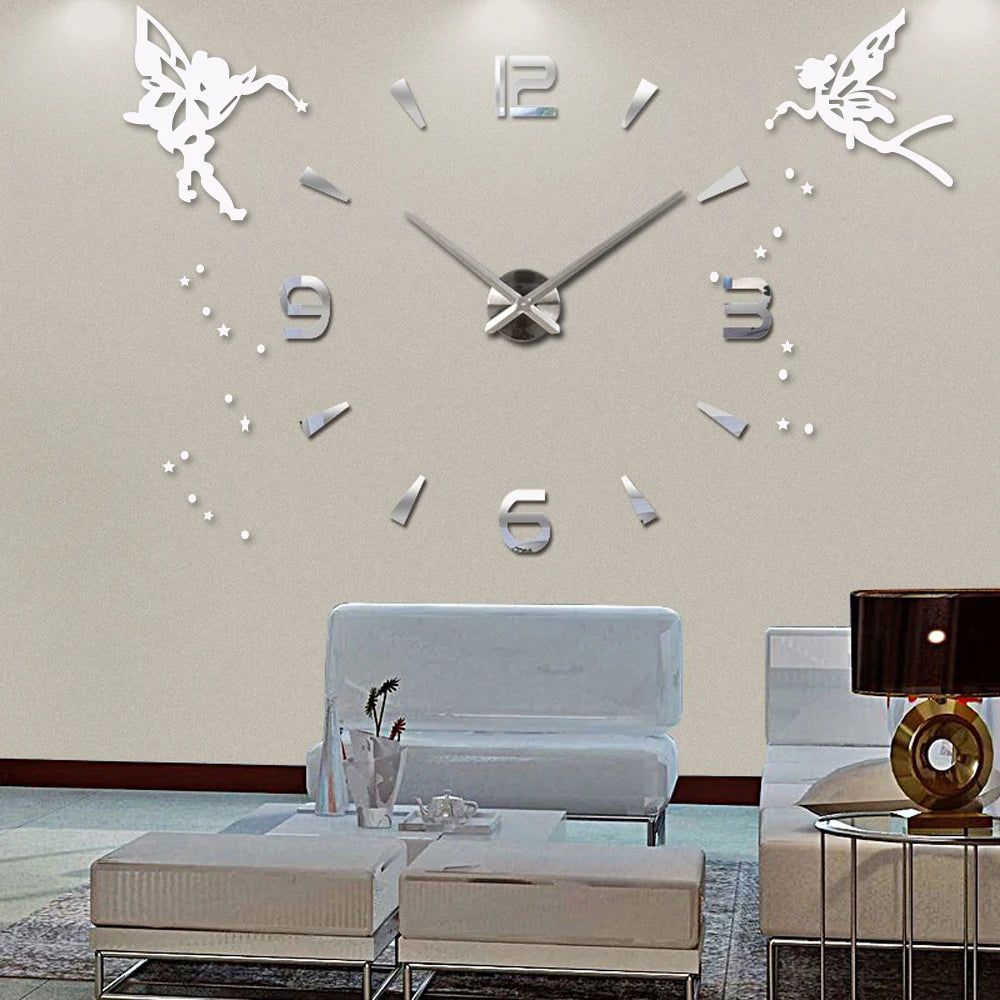 Acrylic DIY Large Clock Modern Design Silent Quartz Self adhesive Angel Sticker 3D Digital Wall Clock for Living Room Decor