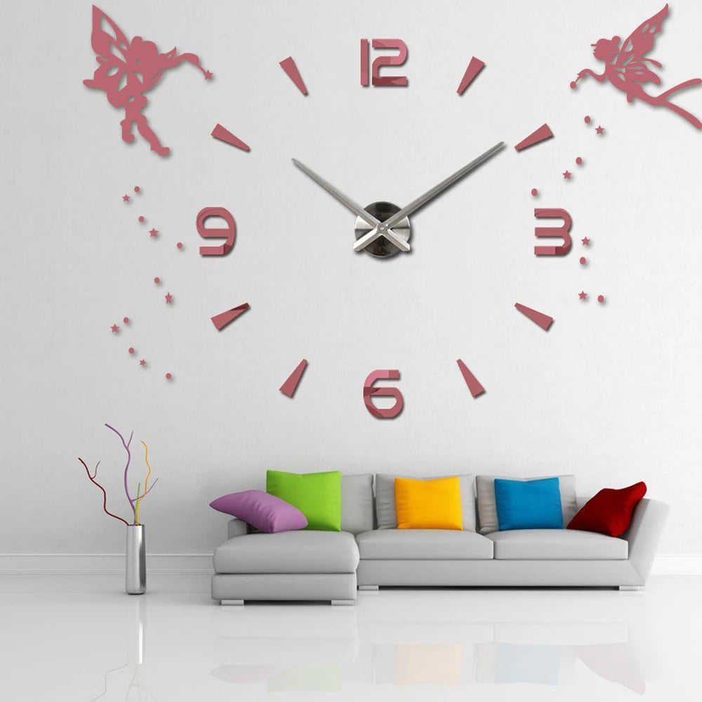 Acrylic DIY Large Clock Modern Design Silent Quartz Self adhesive Angel Sticker 3D Digital Wall Clock for Living Room Decor