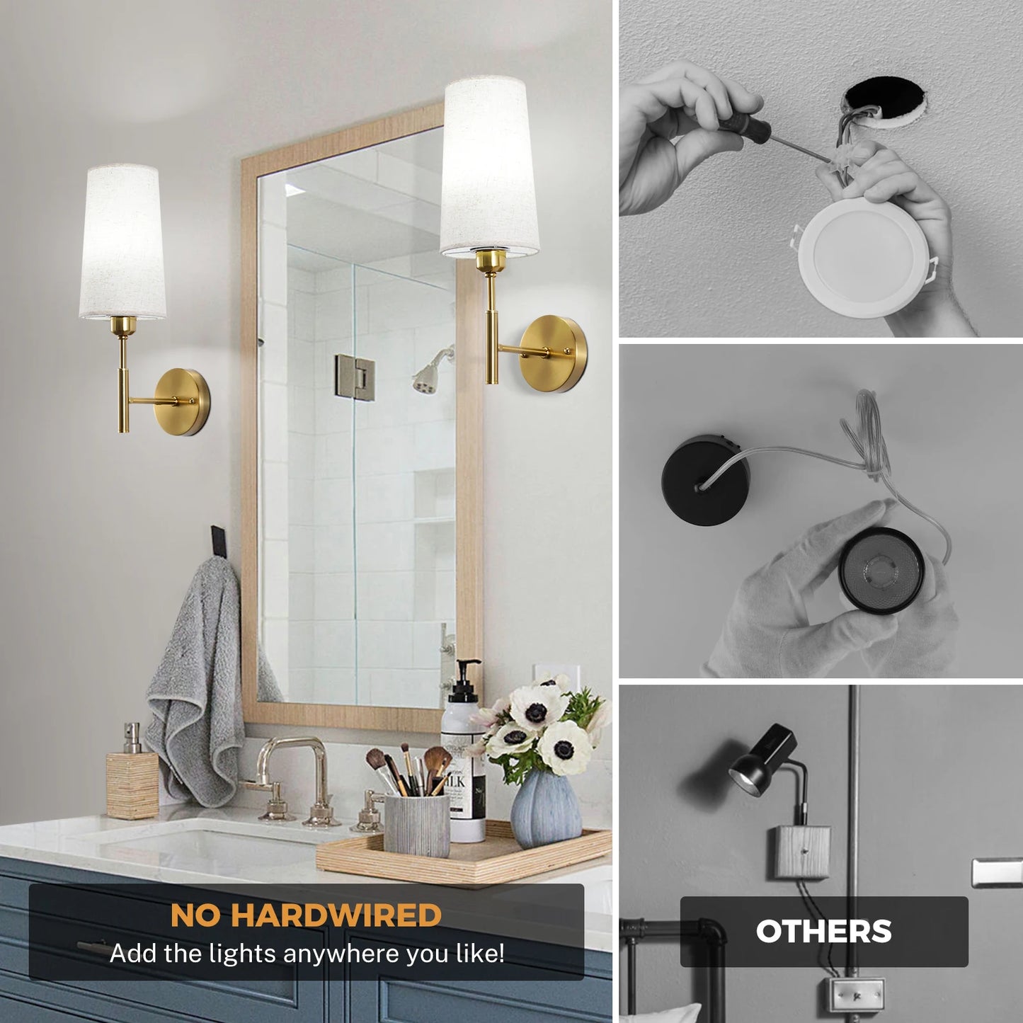 Linen Battery Operated Wall Sconce Set of 2 Rechargeable Wall Sconce with Remote Dimmable Wireless Wall Sconces No Wiring