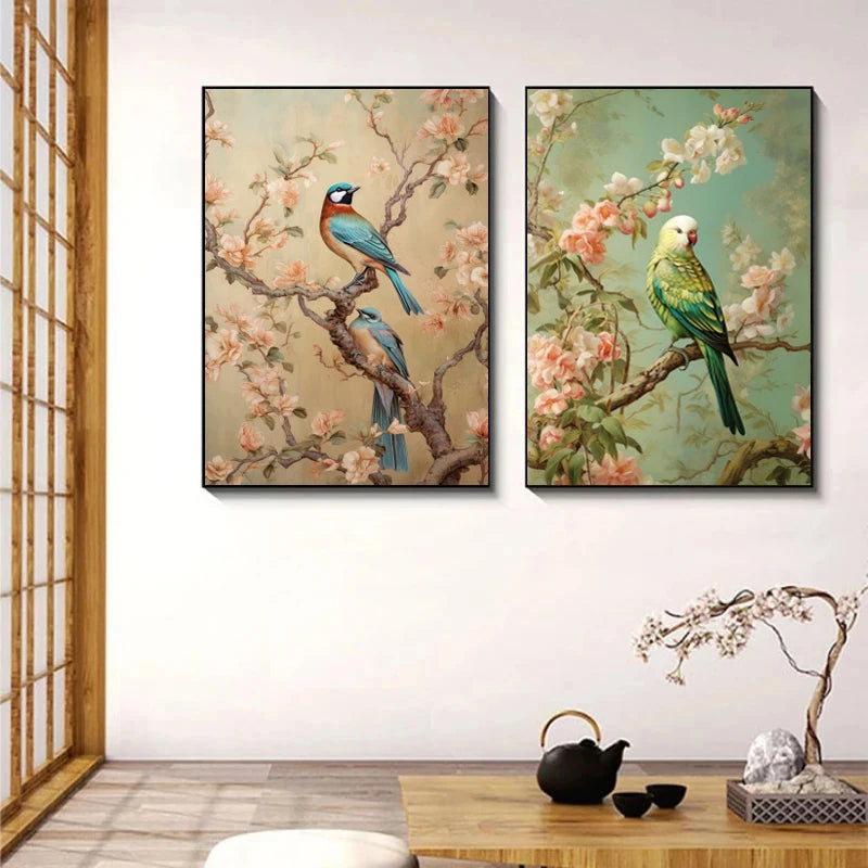 Traditional Chinoiserie Bird and Flower Budgie Heron Landscape Poster Canvas Painting Wall Art Pictures Home Interior Decor