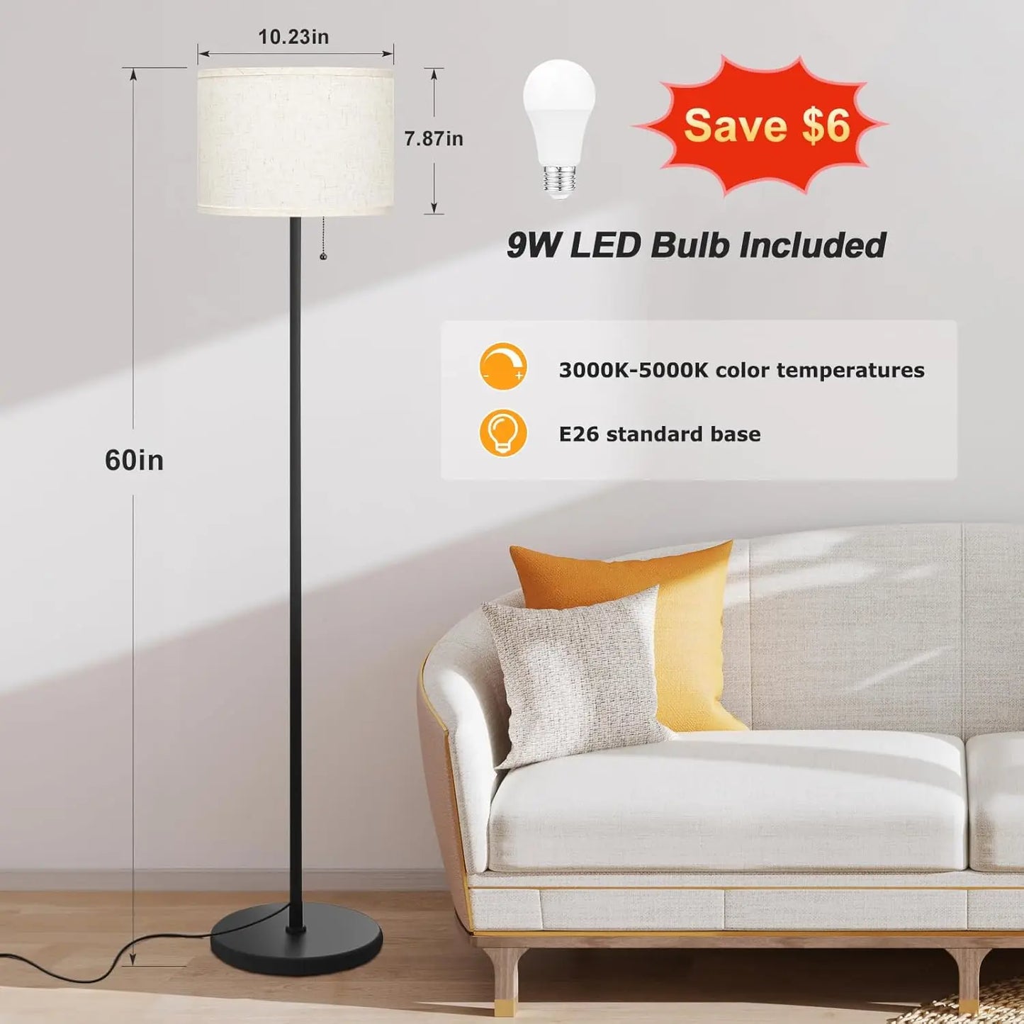 Ambimall Floor Lamps For Living Room With 3 Color Temperatures Bulb & Pull Chain Switch, 60"" Modern Standing Floor Lamp For