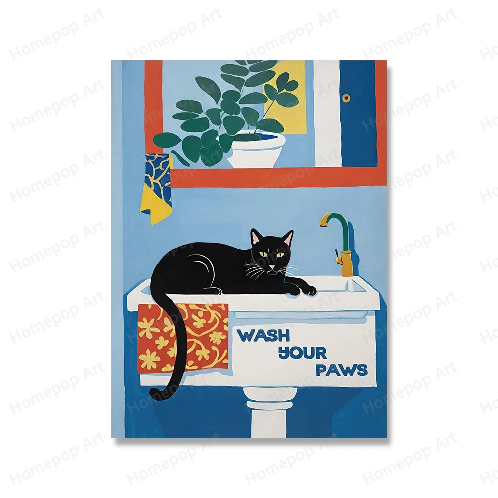 Funny Cute Cat Toilet Black Cat Wash Your Paws Poster Print Canvas Painting Quote Wall Art Pictures for Bathroom Home Room Decor