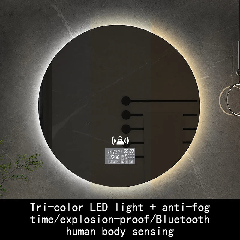 50cm Round Intelligent Human Body Sensing Led Bathroom Mirror With Bluetooth Speaker Hotel Decoration Mirror 3 Color Adjustable