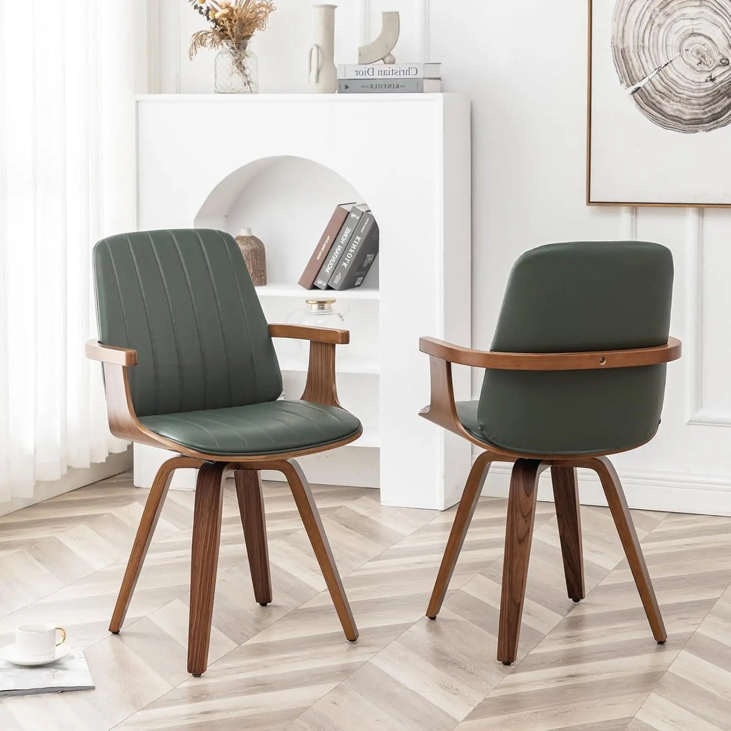 Dining Chairs, Mid Century Modern Dining Room Chairs, Upholstered Faux Leather Kitchen Chairs with Wooden Arms and Legs