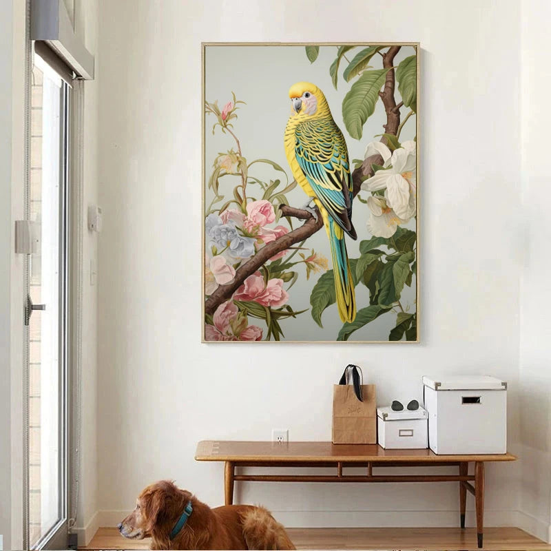 Traditional Chinoiserie Bird and Flower Budgie Heron Landscape Poster Canvas Painting Wall Art Pictures Home Interior Decor