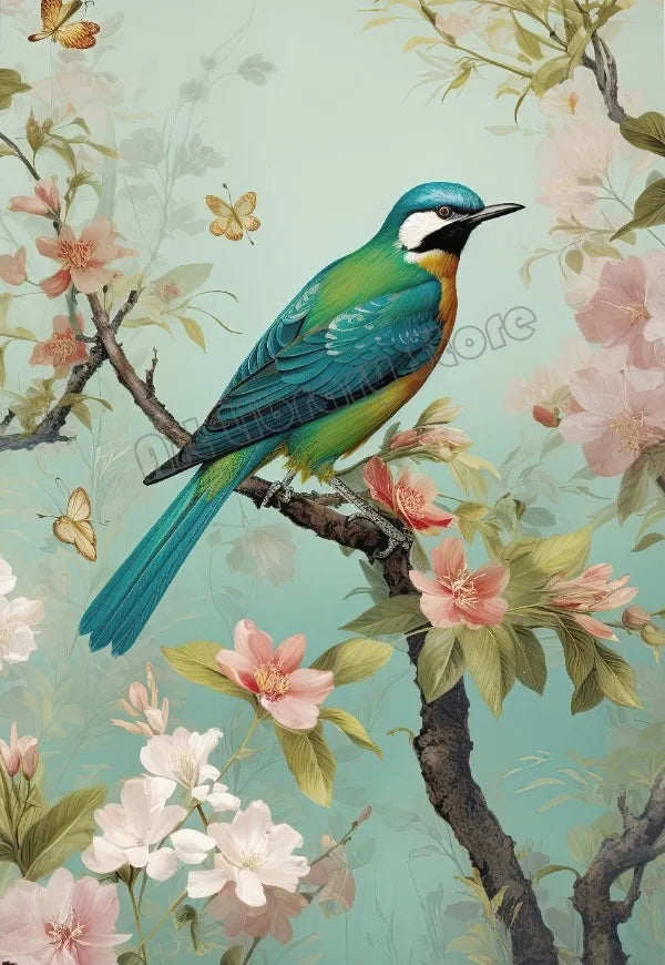 Traditional Chinoiserie Bird and Flower Budgie Heron Landscape Poster Canvas Painting Wall Art Pictures Home Interior Decor