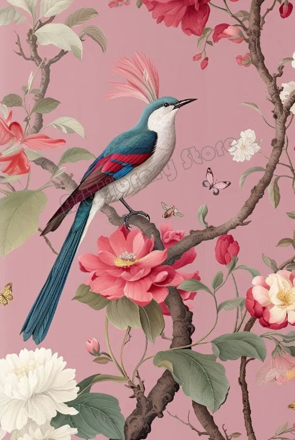 Traditional Chinoiserie Bird and Flower Budgie Heron Landscape Poster Canvas Painting Wall Art Pictures Home Interior Decor