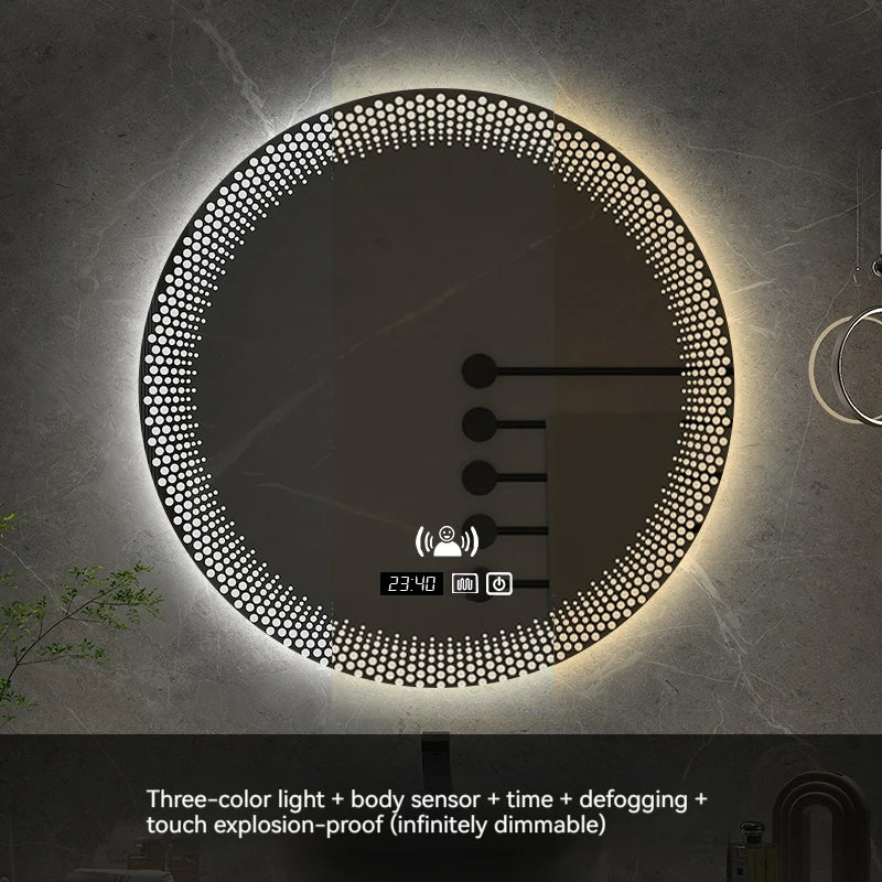 70CM Round LED Bathroom Mirror 3 Color Adjustable Backlight With Smart Hotel Bedroom Defogging Decorative Mirror
