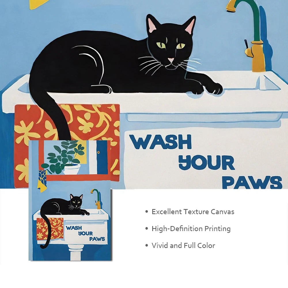 Funny Cute Cat Toilet Black Cat Wash Your Paws Poster Print Canvas Painting Quote Wall Art Pictures for Bathroom Home Room Decor