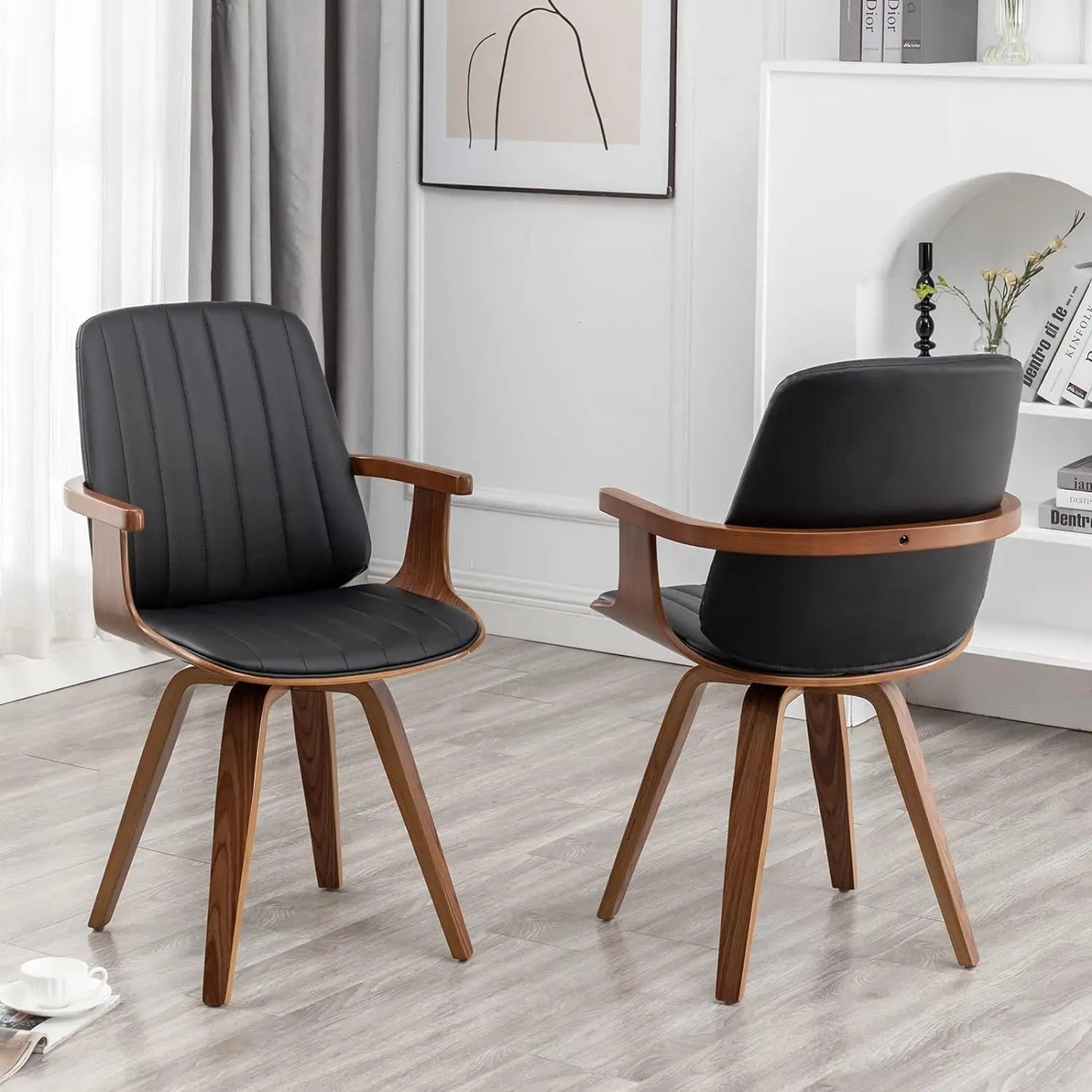 Dining Chairs, Mid Century Modern Dining Room Chairs, Upholstered Faux Leather Kitchen Chairs with Wooden Arms and Legs