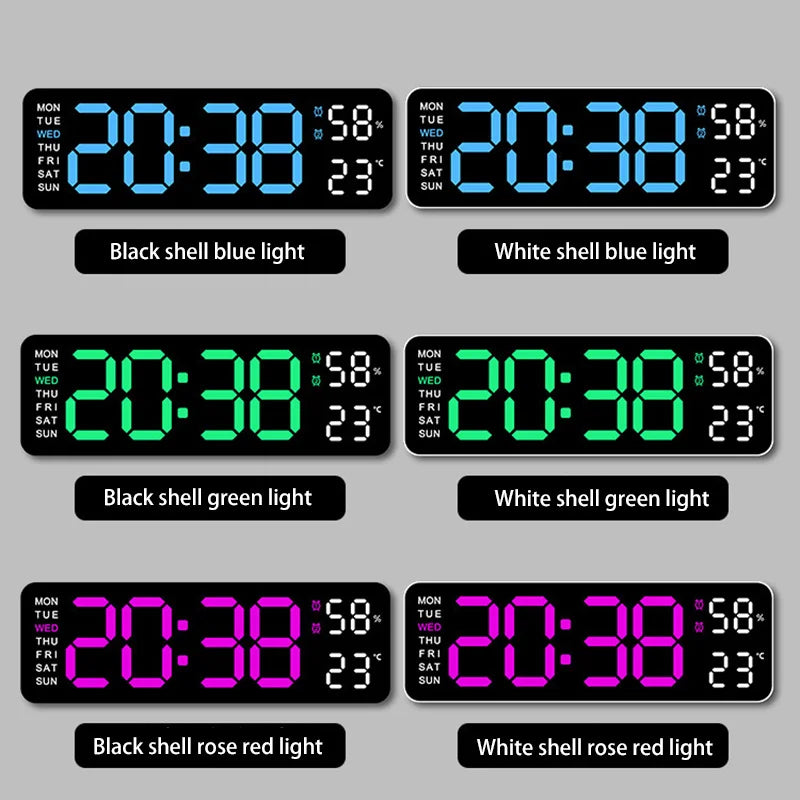 12/24H Large Digital Wall Clock Brightness Adjustable Electronic LED Table Alarm Clock Temperature Humidity Week Display Clock