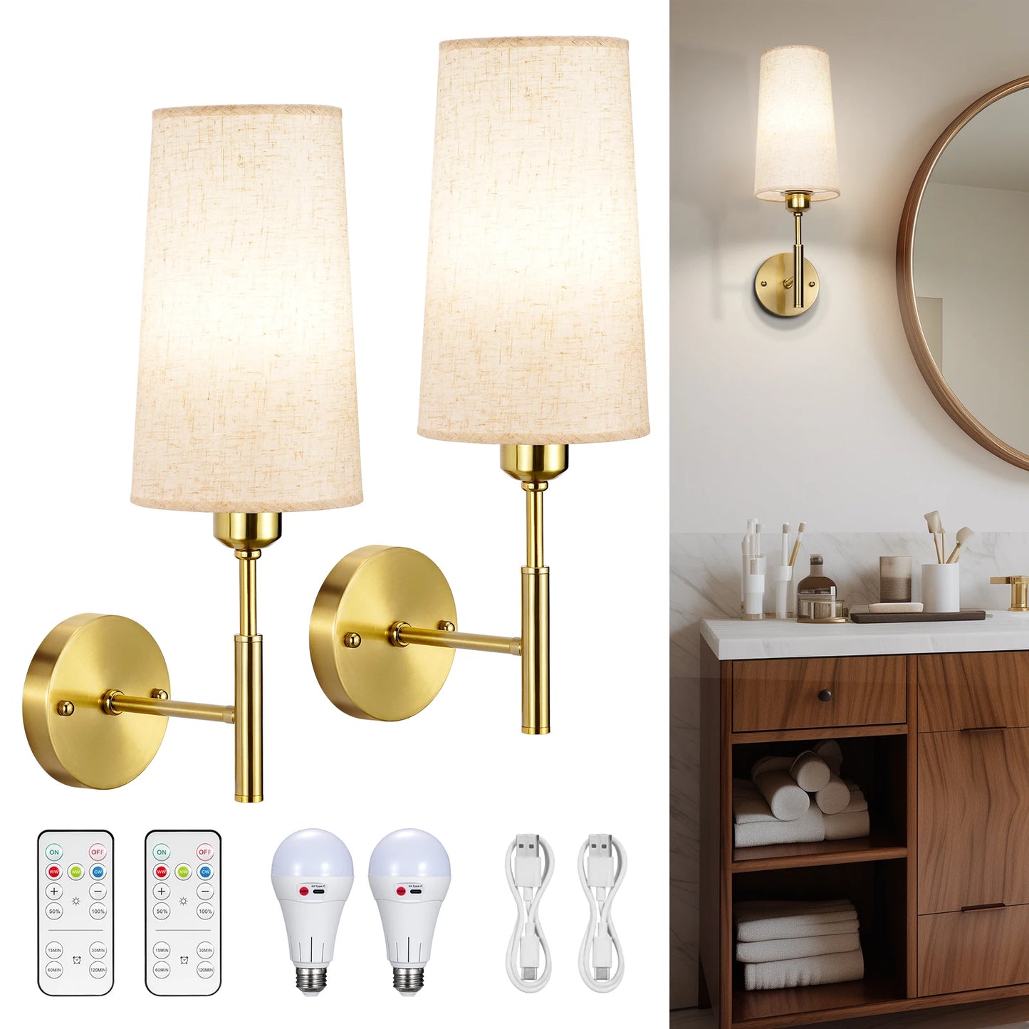 Linen Battery Operated Wall Sconce Set of 2 Rechargeable Wall Sconce with Remote Dimmable Wireless Wall Sconces No Wiring