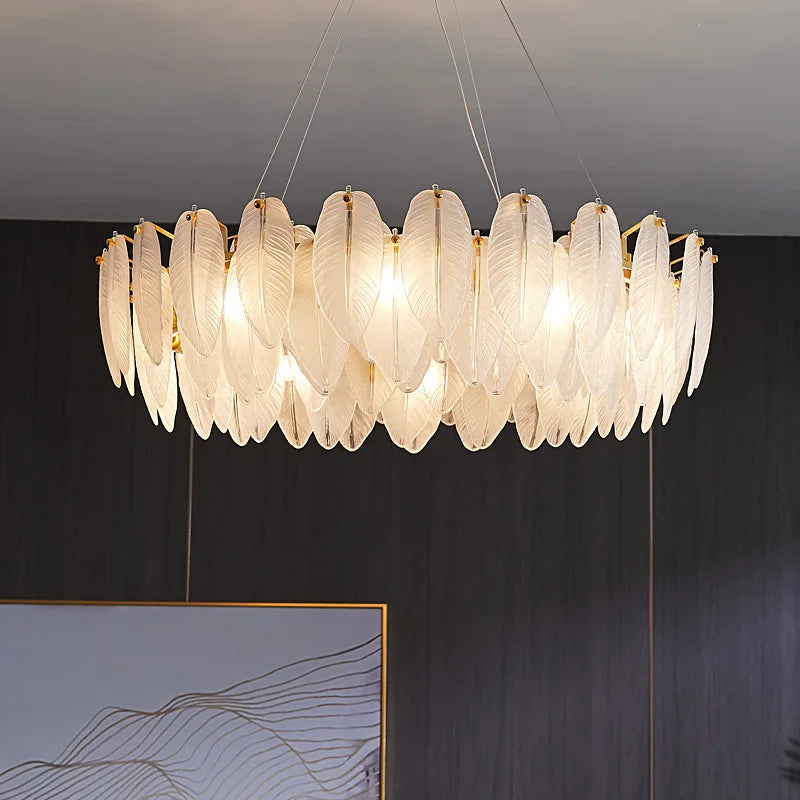 Modern Luxury Villa Led Chandelier Feather Glass Gold Metal For Living Room Bedroom Pendant Lights Home Decor Lighting Fixture
