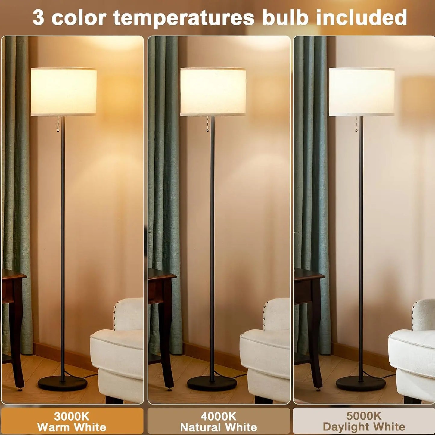 Ambimall Floor Lamps For Living Room With 3 Color Temperatures Bulb & Pull Chain Switch, 60"" Modern Standing Floor Lamp For