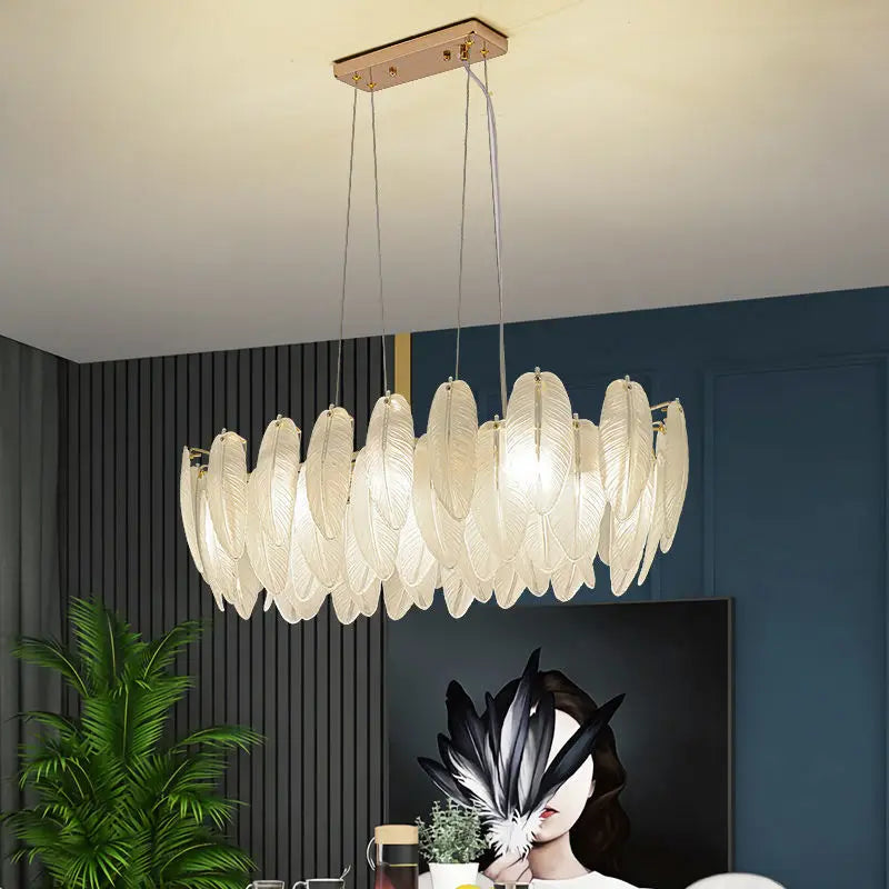 Modern Luxury Villa Led Chandelier Feather Glass Gold Metal For Living Room Bedroom Pendant Lights Home Decor Lighting Fixture