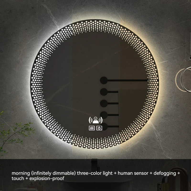 70CM Round LED Bathroom Mirror 3 Color Adjustable Backlight With Smart Hotel Bedroom Defogging Decorative Mirror