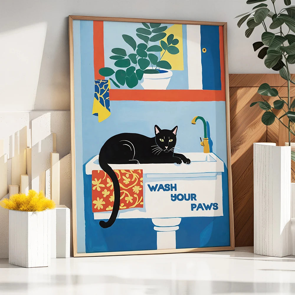 Funny Cute Cat Toilet Black Cat Wash Your Paws Poster Print Canvas Painting Quote Wall Art Pictures for Bathroom Home Room Decor