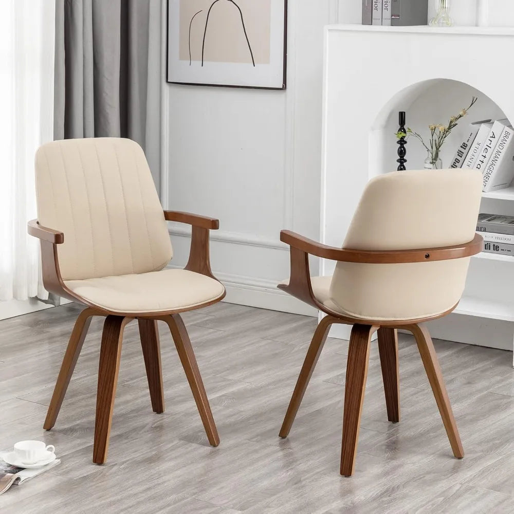 Dining Chairs, Mid Century Modern Dining Room Chairs, Upholstered Faux Leather Kitchen Chairs with Wooden Arms and Legs