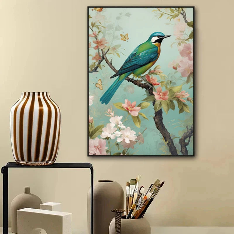 Traditional Chinoiserie Bird and Flower Budgie Heron Landscape Poster Canvas Painting Wall Art Pictures Home Interior Decor