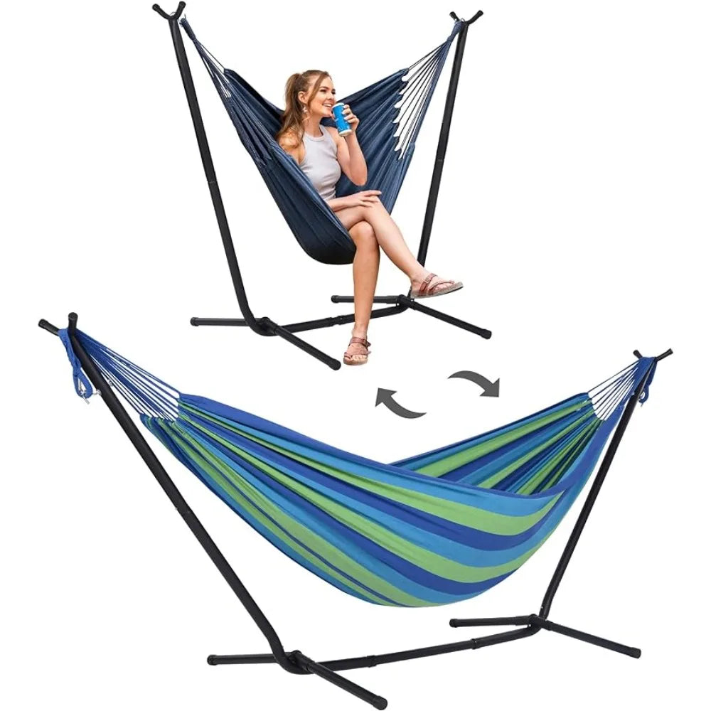 SUNCREAT 2-in-1 Hammocks Hammock Chair with Stand, 475 lbs Capacity, Heavy Duty Two Person Hammock with Stand, Blue Stripe