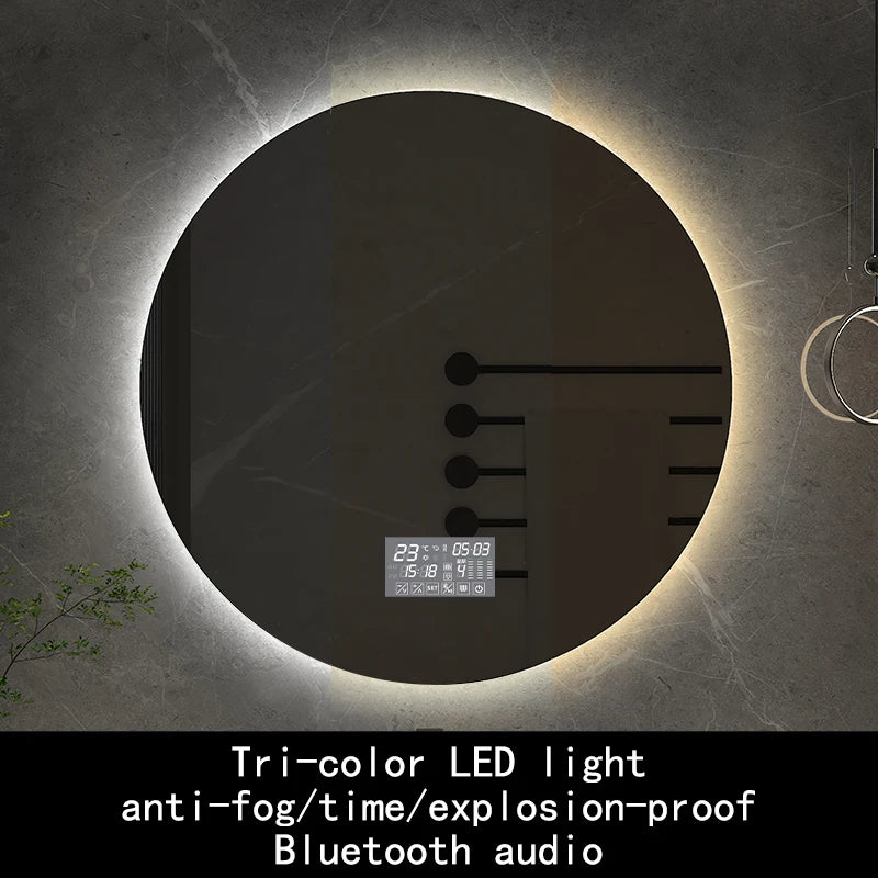 50cm Round Intelligent Human Body Sensing Led Bathroom Mirror With Bluetooth Speaker Hotel Decoration Mirror 3 Color Adjustable