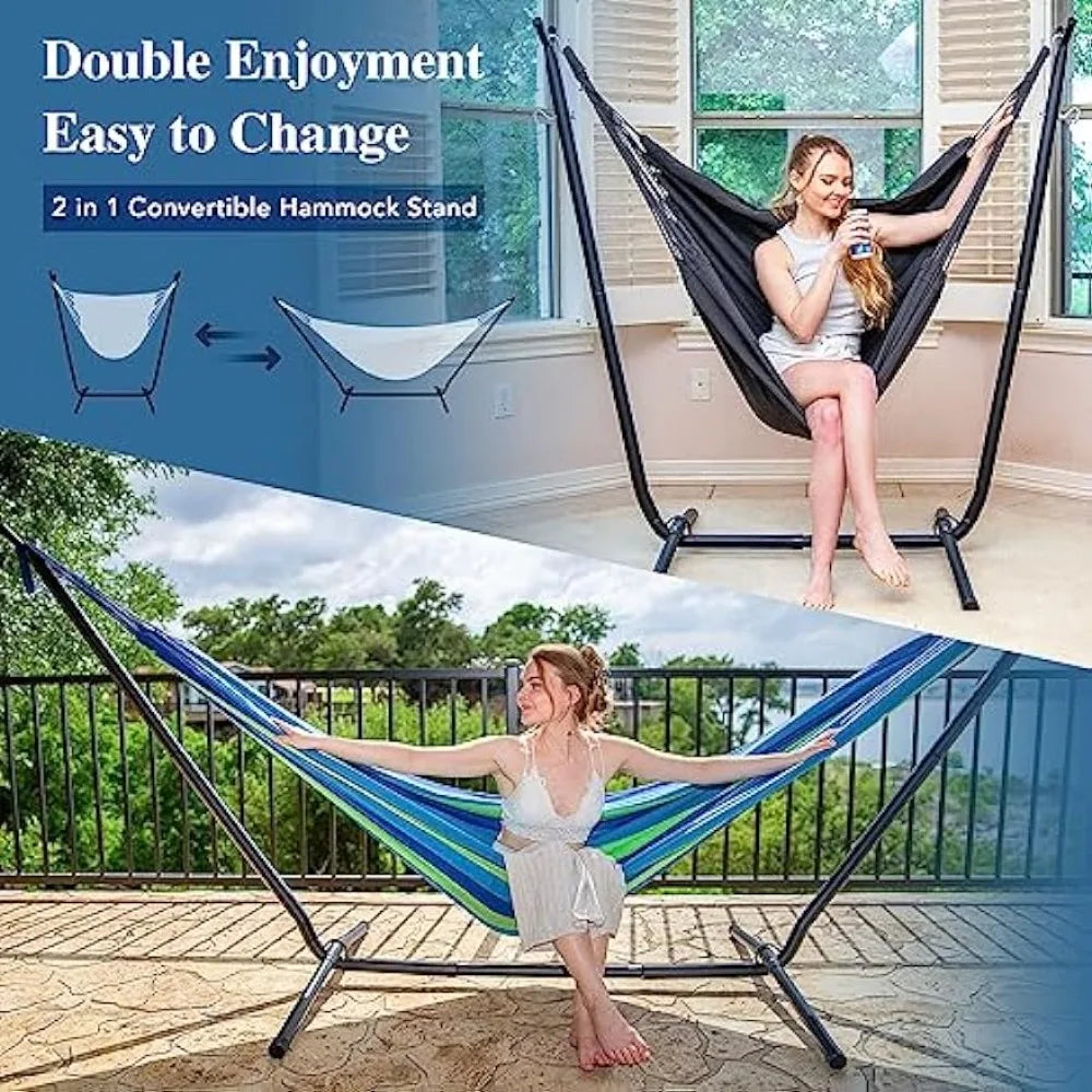 SUNCREAT 2-in-1 Hammocks Hammock Chair with Stand, 475 lbs Capacity, Heavy Duty Two Person Hammock with Stand, Blue Stripe