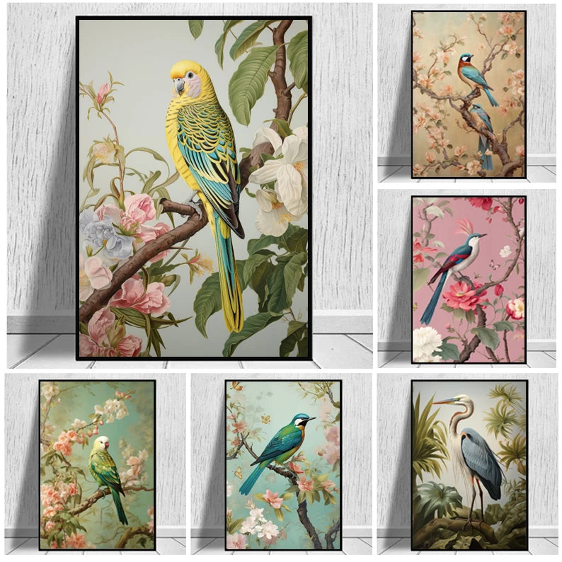 Traditional Chinoiserie Bird and Flower Budgie Heron Landscape Poster Canvas Painting Wall Art Pictures Home Interior Decor