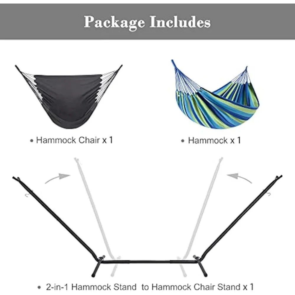 SUNCREAT 2-in-1 Hammocks Hammock Chair with Stand, 475 lbs Capacity, Heavy Duty Two Person Hammock with Stand, Blue Stripe