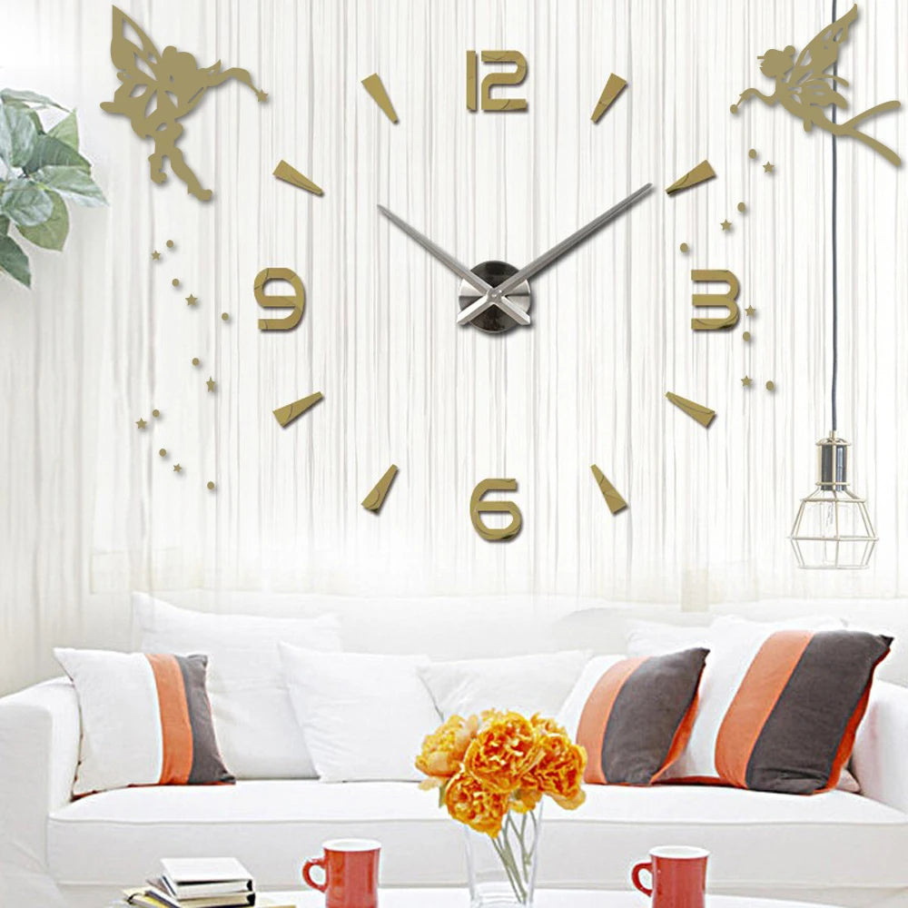 Acrylic DIY Large Clock Modern Design Silent Quartz Self adhesive Angel Sticker 3D Digital Wall Clock for Living Room Decor