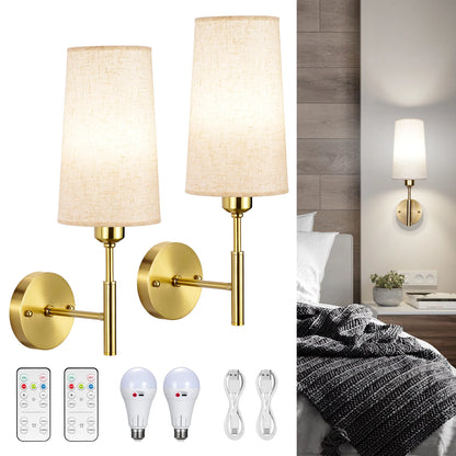 Linen Battery Operated Wall Sconce Set of 2 Rechargeable Wall Sconce with Remote Dimmable Wireless Wall Sconces No Wiring