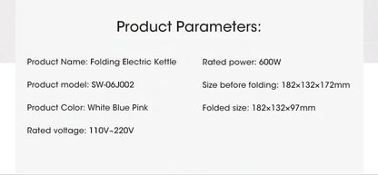 Electric Kettle Mini Foldable Water Heater 600ml Home Hot Water Kettle Portable Kitchen Kettle 220V Travel Home Electric Kettle