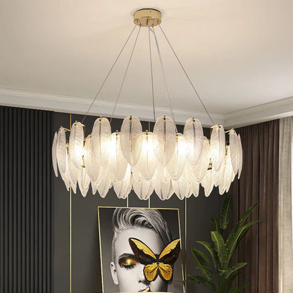 Modern Luxury Villa Led Chandelier Feather Glass Gold Metal For Living Room Bedroom Pendant Lights Home Decor Lighting Fixture