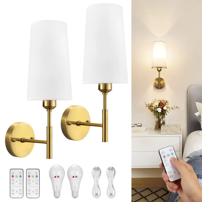 Linen Battery Operated Wall Sconce Set of 2 Rechargeable Wall Sconce with Remote Dimmable Wireless Wall Sconces No Wiring