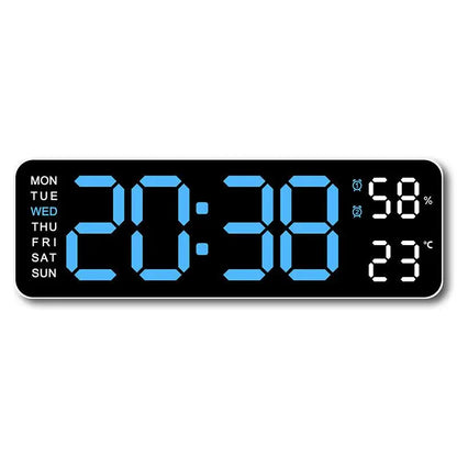 12/24H Large Digital Wall Clock Brightness Adjustable Electronic LED Table Alarm Clock Temperature Humidity Week Display Clock
